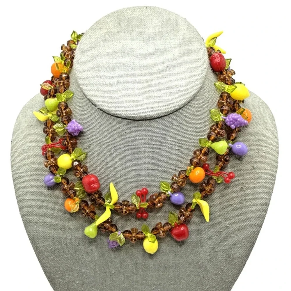 Vintage Fruit Salad Necklace Lucite Grapes Cherries Bananas Lemons Oranges 34